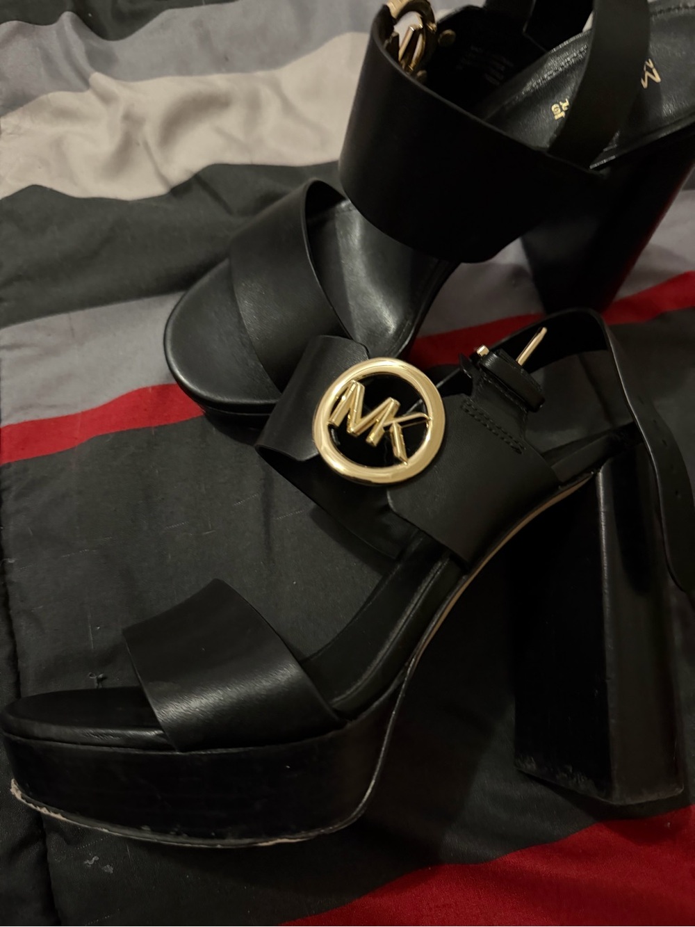 Michael Kors Black Platform Sandals with Gold MK Accent
